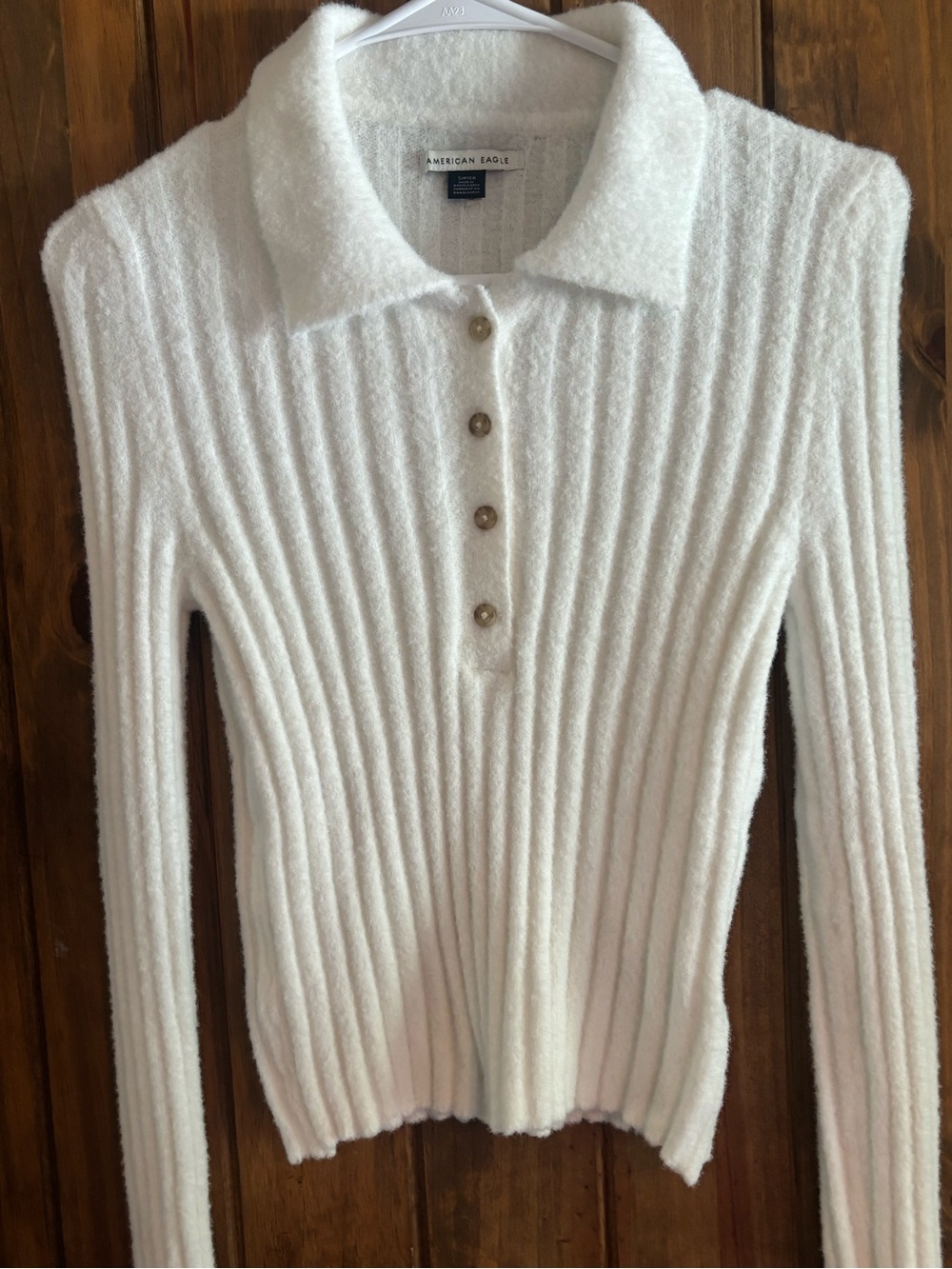 American Eagle White Ribbed Fuzzy Cropped Polo Sweater Long Sleeve Womens Small - Picture 4 of 9